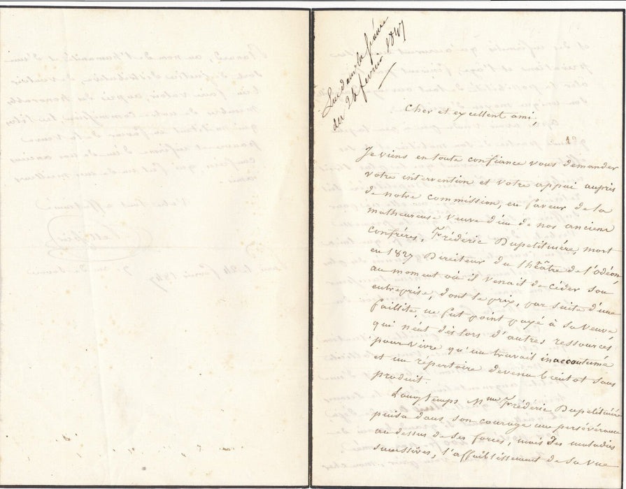 Jean-Baptiste PELLISSIER sur Frédéric Dupetit-Méré veuve aide lettre autographe
