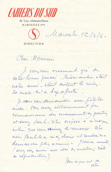 Jean Ballard  :  Miomandre était notre ami - surtout le mien Lettre autographe