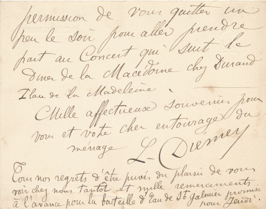 Louis DIEMER Diémer compositeur carte autographe signée concert Macédoine