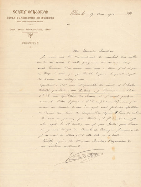 Vincent d’ INDY musique belle lettre autographe signée Isnardon concours