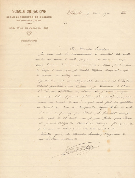 Vincent d’ INDY musique belle lettre autographe signée Isnardon concours