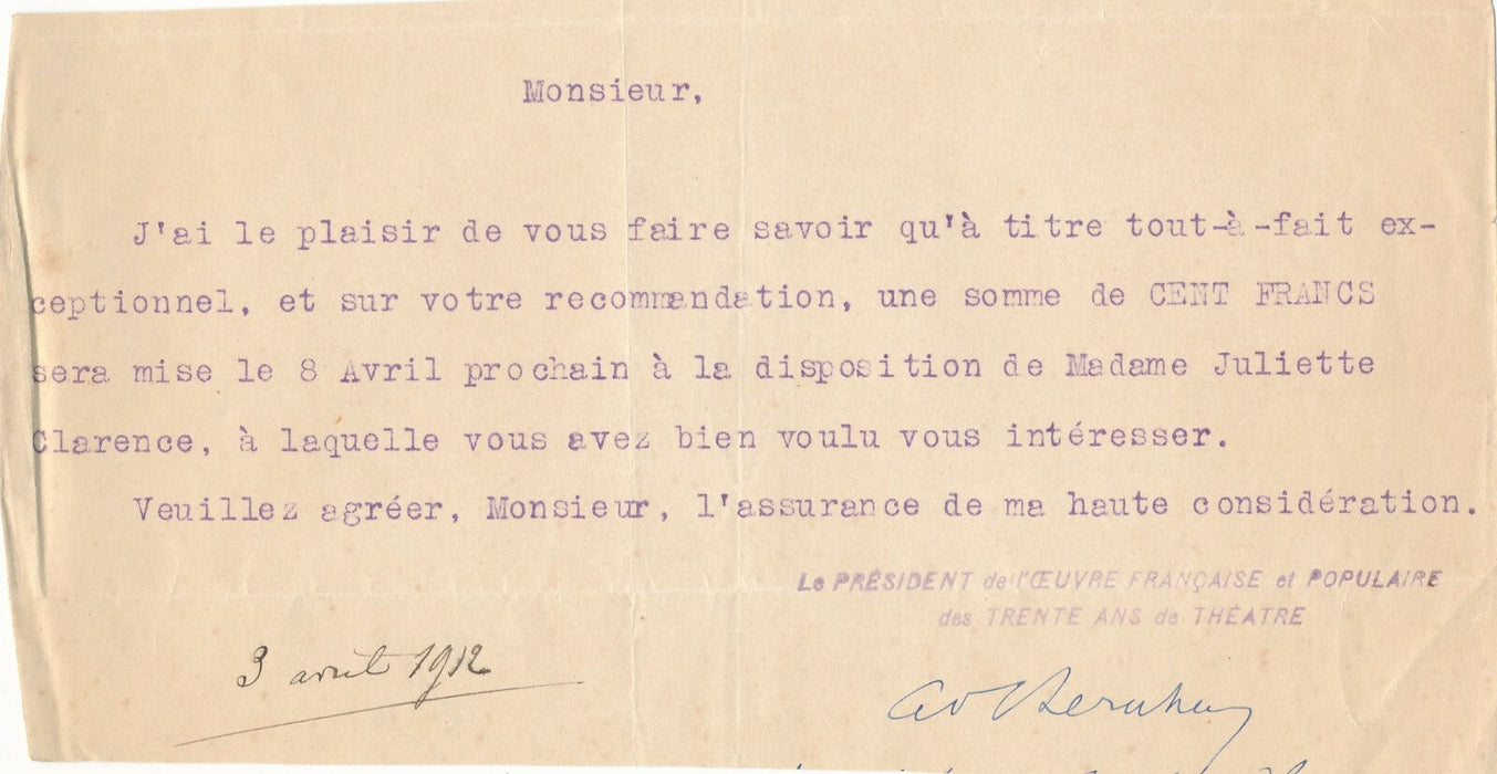 Juliette ROSE actrice veuve du comédien CLARENCE lot 5 touchantes lettres aide