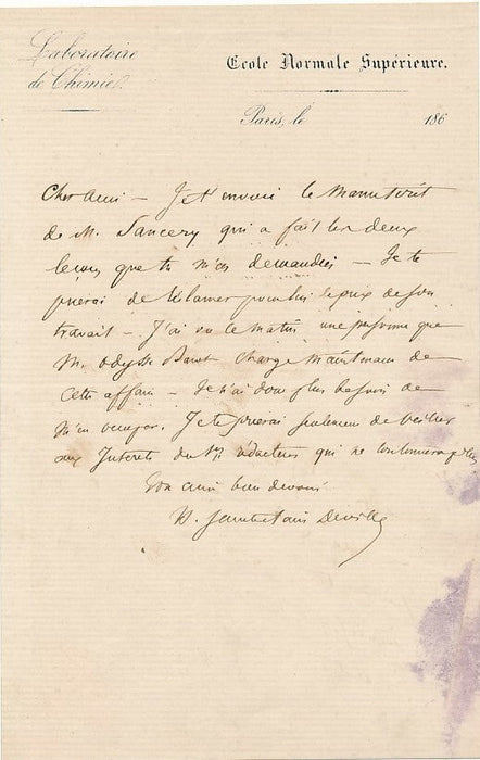 SAINTE-CLAIRE DEVILLE lettre autographe signée demande de régler un travail