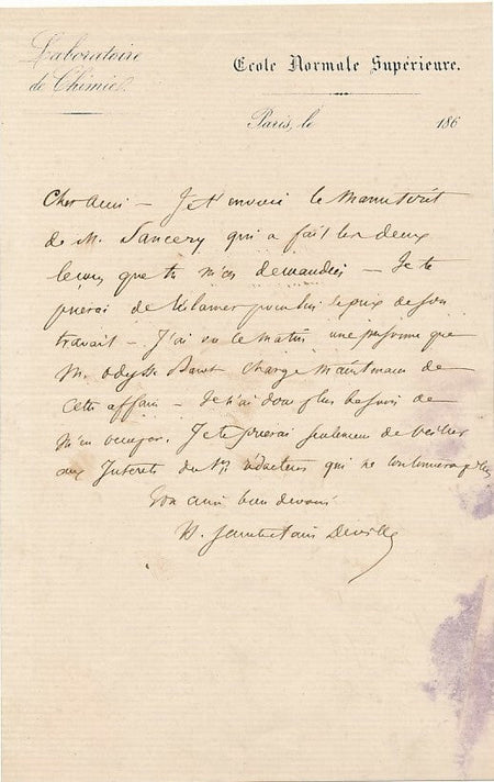 SAINTE-CLAIRE DEVILLE lettre autographe signée demande de régler un travail