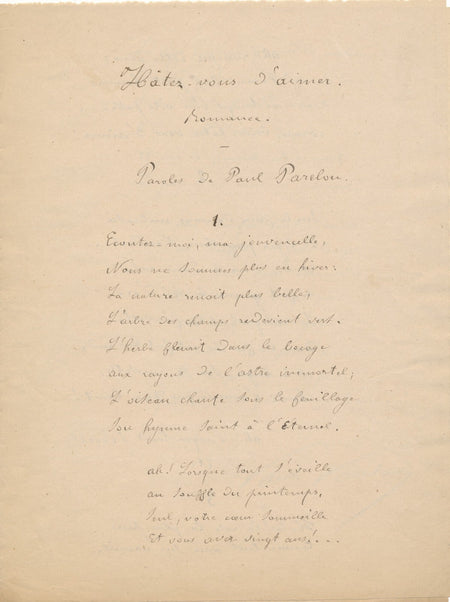 Paul PARELON parolier XIXe manuscrit autographe signé Hâtez vous d'aimer