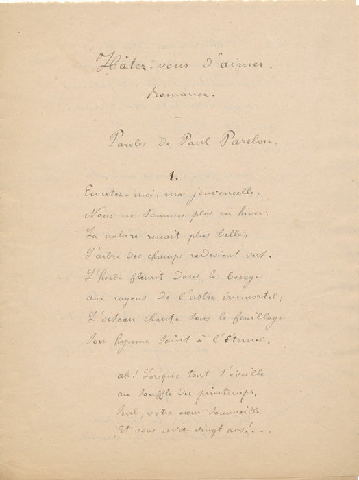 Paul PARELON parolier XIXe manuscrit autographe signé Hâtez vous d'aimer