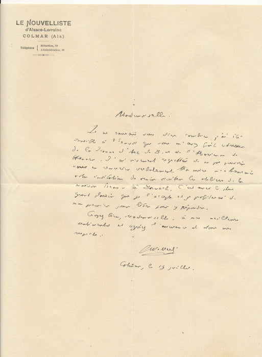 Émile WETTERLÉ député Reichstag Colmar Jeanne d'Arc lettre autographe signée 