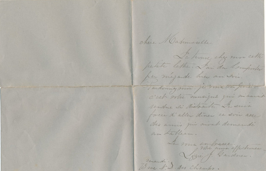 Elisabeth-Jeanne GARDNER épouse BOUGUEREAU lettre autographe signée