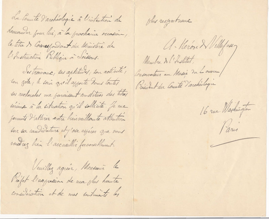 René HÉRON DE VILLEFOSSE recommande Blanchard Soissons musée lettre autographe