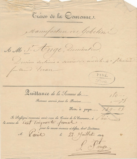 LA HAMAYDE DE SAINT-ANGE quittance signée Manufacture royale 1829