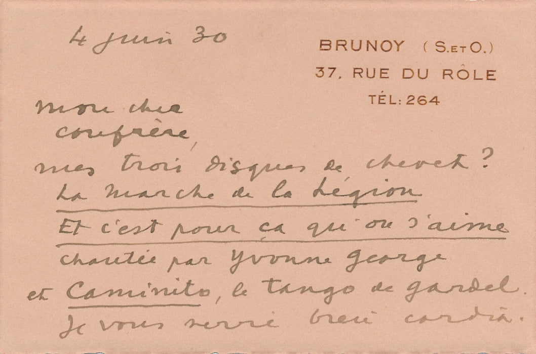 Francis CARCO amusante question Les 3 disques de chevet ? autographe lettre 