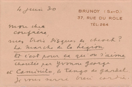 Francis CARCO amusante question Les 3 disques de chevet ? autographe lettre 