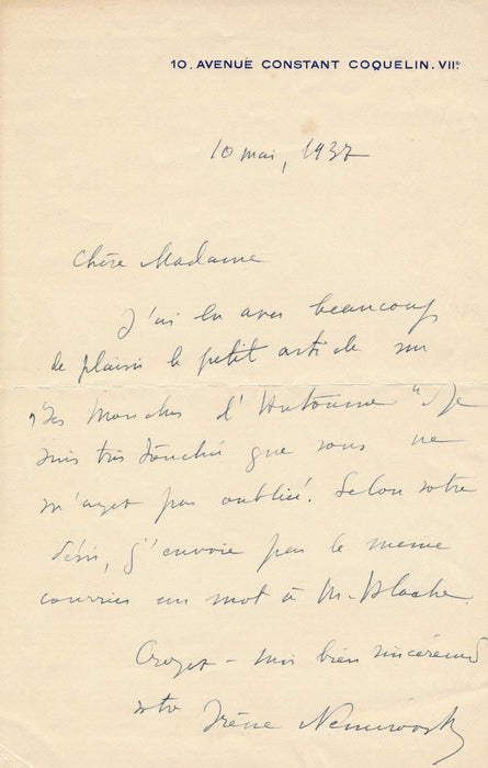 Russe Irène Némirovsky lettre autographe signée 1937 Mouches d'Automne