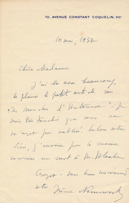Russe Irène Némirovsky lettre autographe signée 1937 Mouches d'Automne