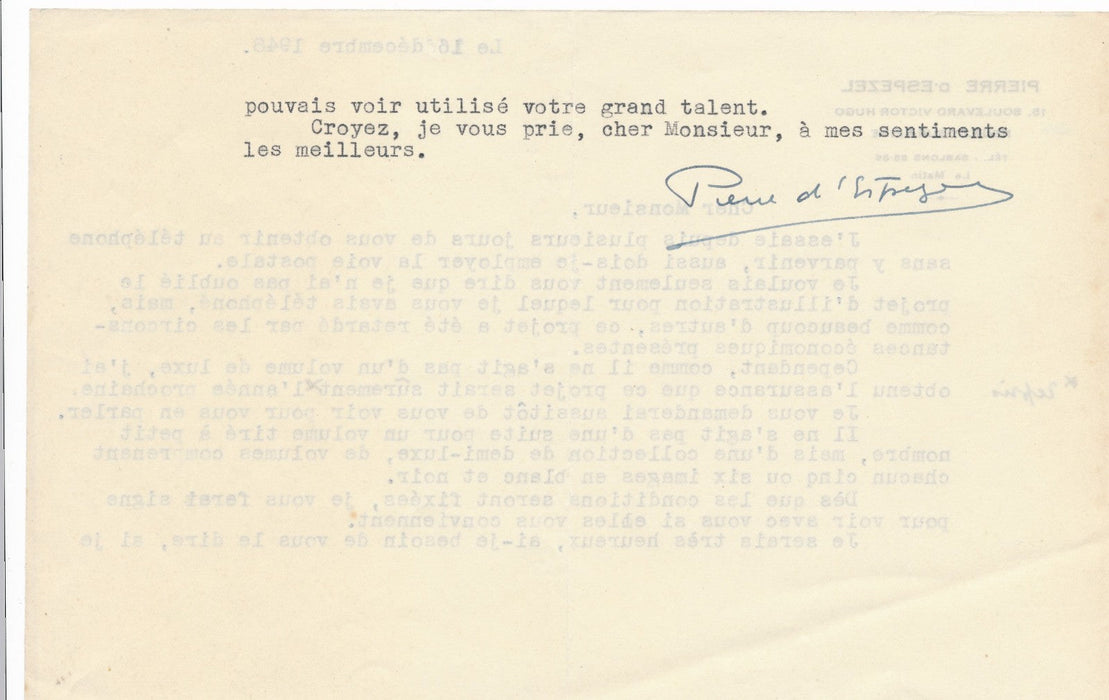 Pierre d’ Espezel lettre tapuscrite signée illustration bois gravé Delatousche