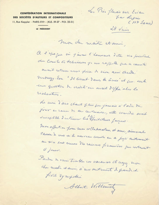 Albert WILLEMETZ lettre autographe signée sur Mouëzy Eon  Il lisait dans les âme