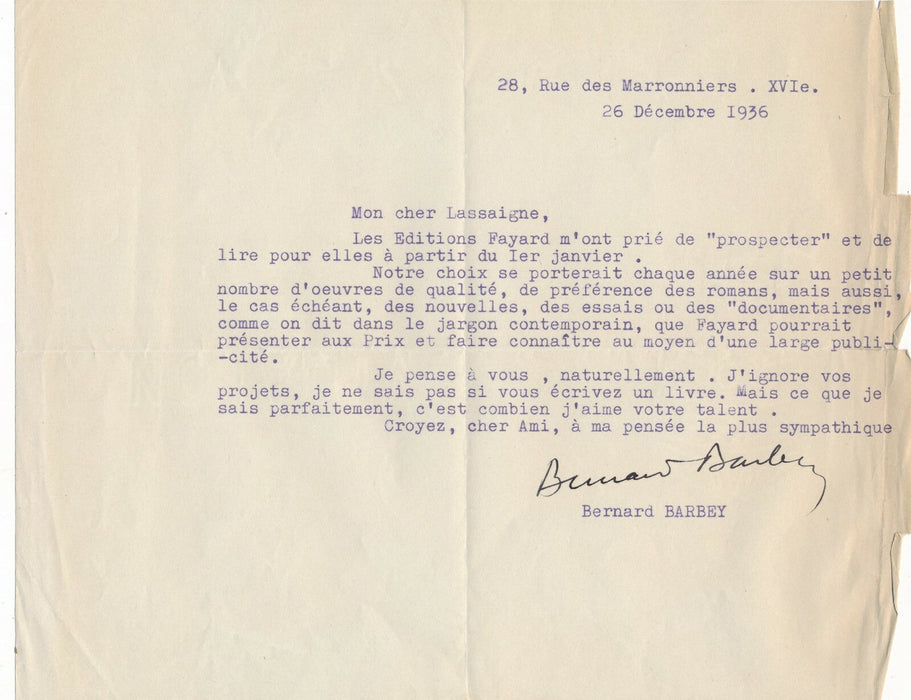 Bernard BARBEY correspondance autographe signée 8 lettre presse édition suisse