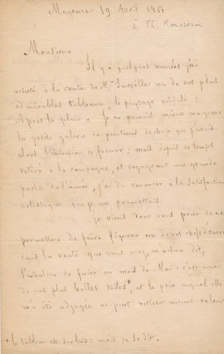 Hippolyte ROGER Th. ROUSSEAU Après la pluie tableau lettre autographe signée 