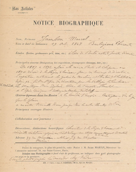 Marcel JAMBON sa biographie autographe naissance décoration Louvre lettre