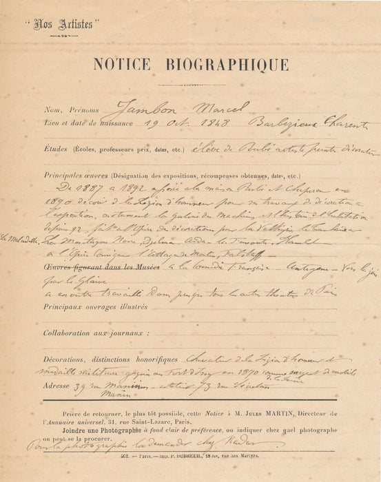 Marcel JAMBON sa biographie autographe naissance décoration Louvre lettre