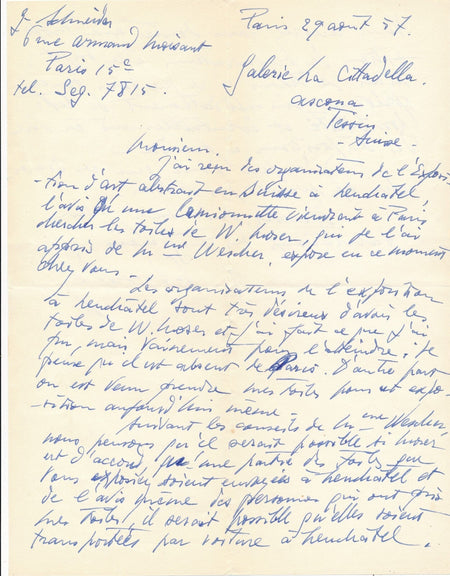 Gérard SCHNEIDER exposition art abstrait Neuchâtel P. R. Lhose lettre autographe