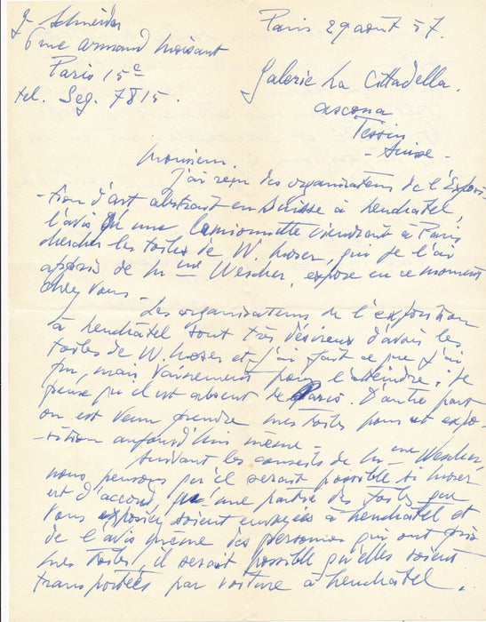 Gérard SCHNEIDER exposition art abstrait Neuchâtel P. R. Lhose lettre autographe