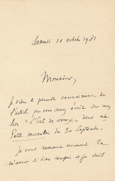 André de GANDILLAC, fonctionnaire et écrivain lettre sur L’Ecole des aveux 