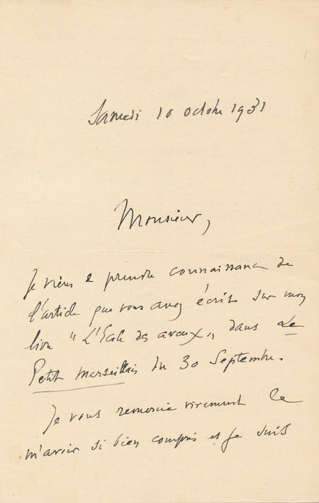 André de GANDILLAC, fonctionnaire et écrivain lettre sur L’Ecole des aveux 