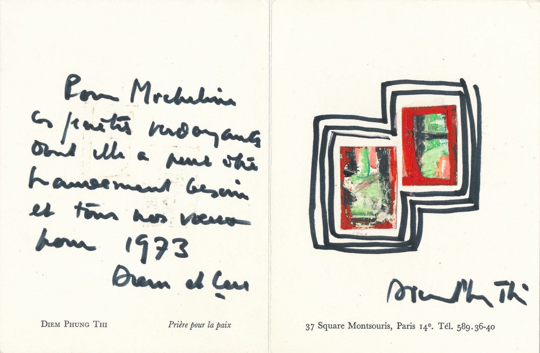 Diem Phung Thi carte voeux 2 dessins originaux et envoi autographe Vietnam