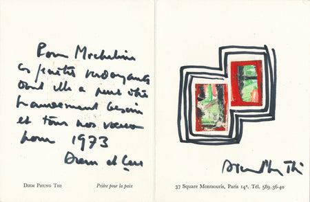 Diem Phung Thi carte voeux 2 dessins originaux et envoi autographe Vietnam