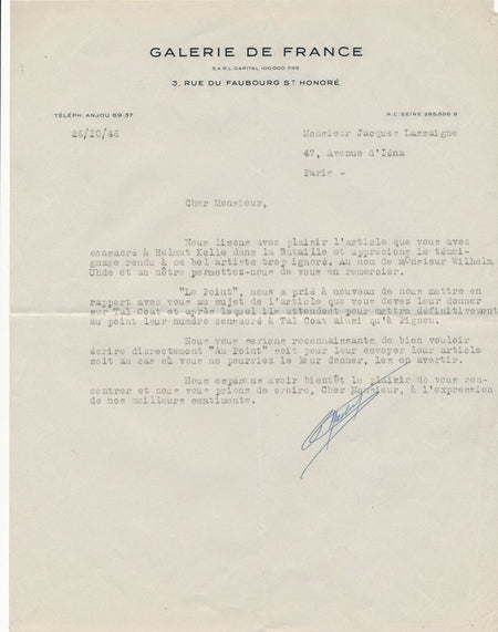 Paul MARTIN directeur Galerie de France lettre signée Helmut Kolle Wilhelm Uhde 