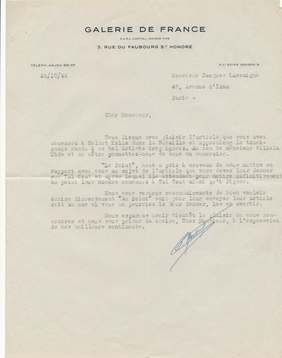 Paul MARTIN directeur Galerie de France lettre signée Helmut Kolle Wilhelm Uhde 