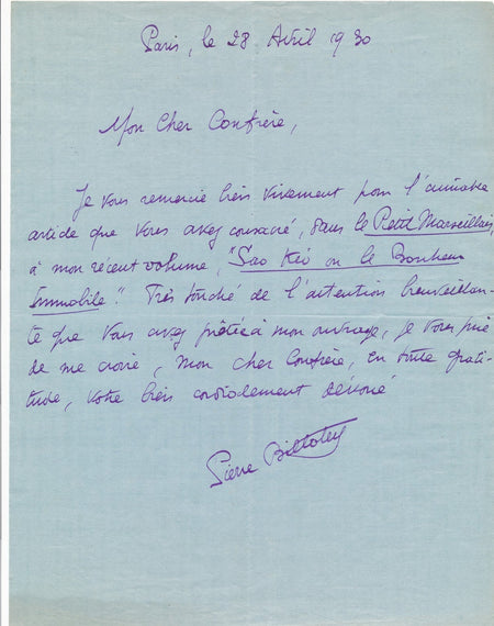 Pierre Billotey lettre autographe signée Sao Kéo ou le bonheur immobile 1930
