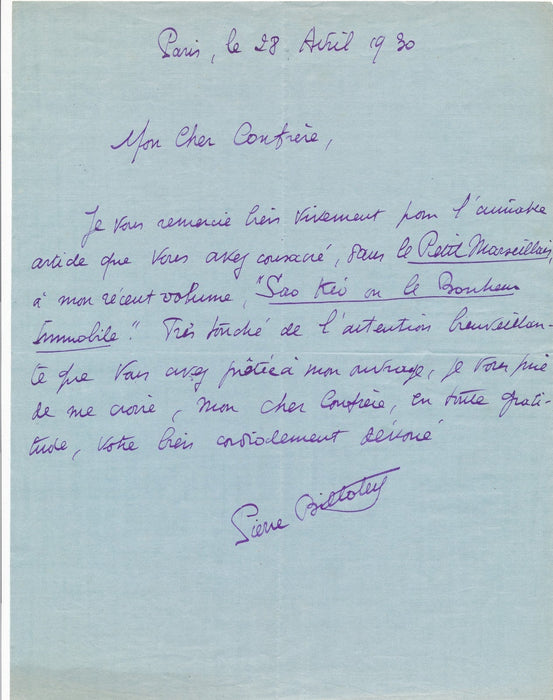 Pierre Billotey lettre autographe signée Sao Kéo ou le bonheur immobile 1930