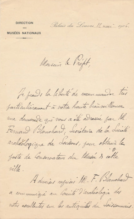 René HÉRON DE VILLEFOSSE recommande Blanchard Soissons musée lettre autographe