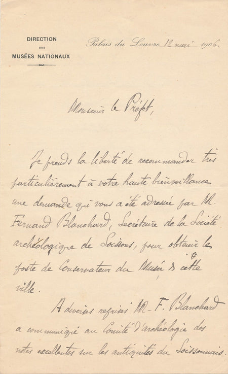 René HÉRON DE VILLEFOSSE recommande Blanchard Soissons musée lettre autographe