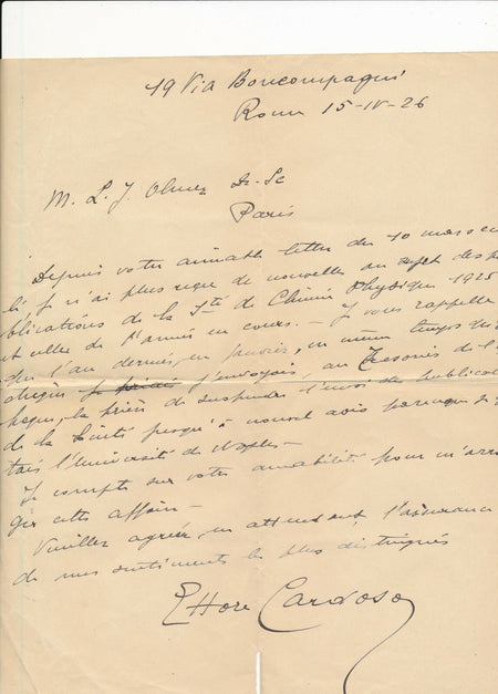 Ettore CARDOSO, chimiste italien lettre autographe signée à Léon Joseph Olmer 