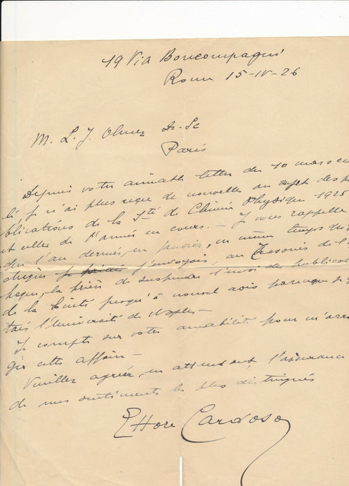 Ettore CARDOSO, chimiste italien lettre autographe signée à Léon Joseph Olmer 