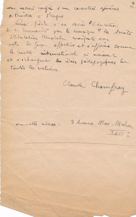 musicographe Claude Chamfray manuscrit autographe signé 1937 l’Education