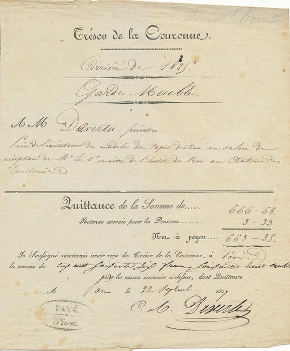 peintre Gobelins Charles Adrien DEVERTU quittance signée 1825 exécution tapis