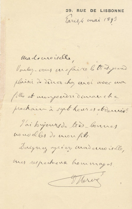 Edouard HERVÉ lettre autographe signée : il a de bonnes nouvelles de son fils