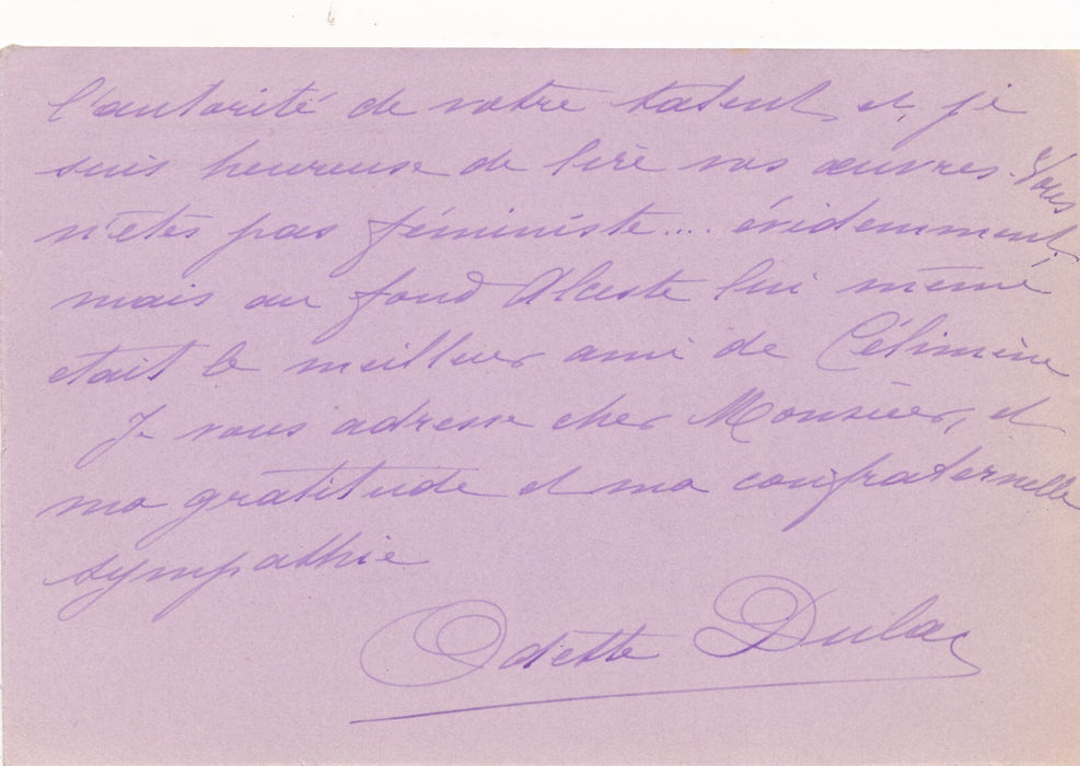 Odette DULAC son correspondant n'est pas féministe ! carte autographe signée