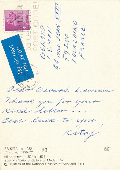 Ronald B. KITAJ carte postale autographe signée en anglais 
