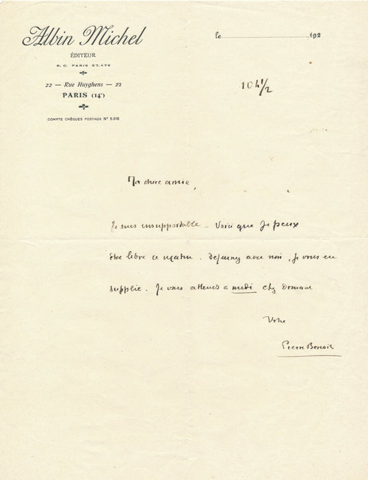 correspondance littérature Pierre BENOIT 3 lettres autographes signée Paul YRAM