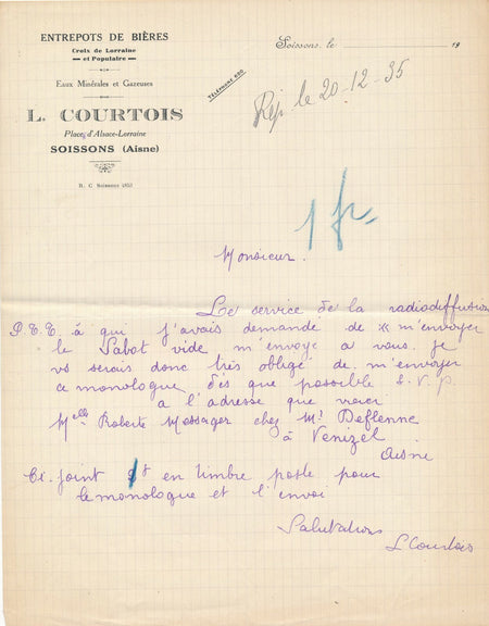 Entrepôts bières L. Courtois Soissons Lettre autographe signée Editions GREYVAL