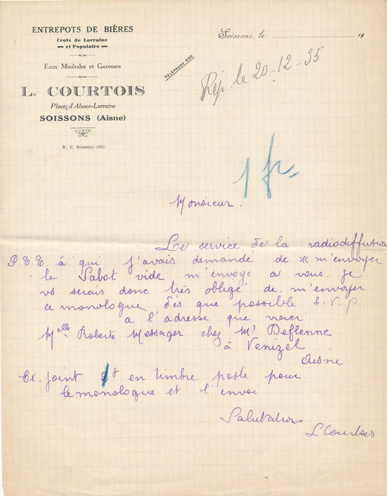 Entrepôts bières L. Courtois Soissons Lettre autographe signée Editions GREYVAL