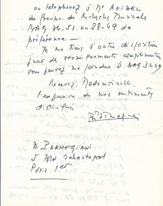 Bernard PARMEGIANI musique électro acoustique lettre autographe signée élève