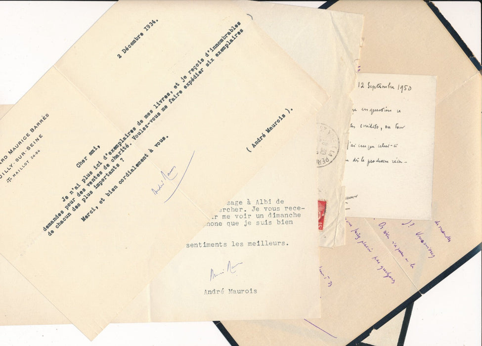 intéressant écrivain André Maurois 2 autographe signé ET 2 lettres signées