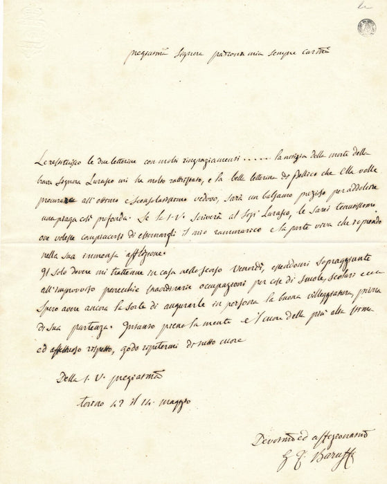 Giuseppe Filippo BARUFFI lettre autographe signée Pellico Turin 1842 en italien