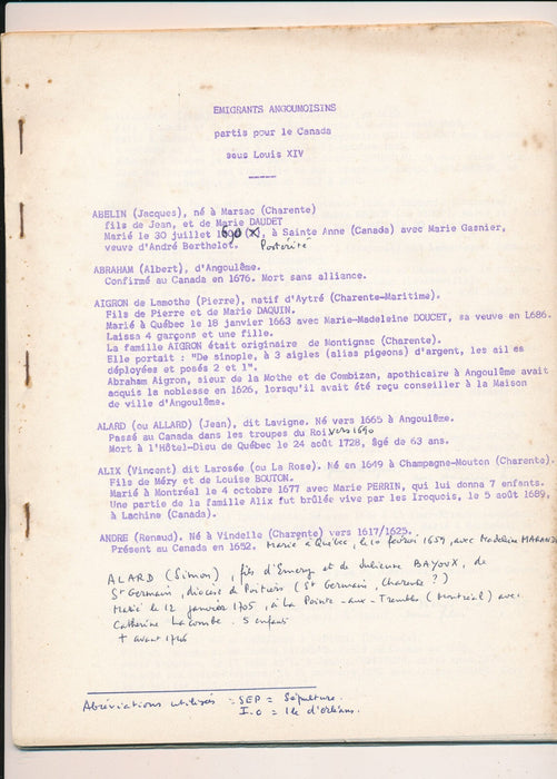 M. REIBLE Charente Angoumois émigrés Canada Louis XIV et XV autographe